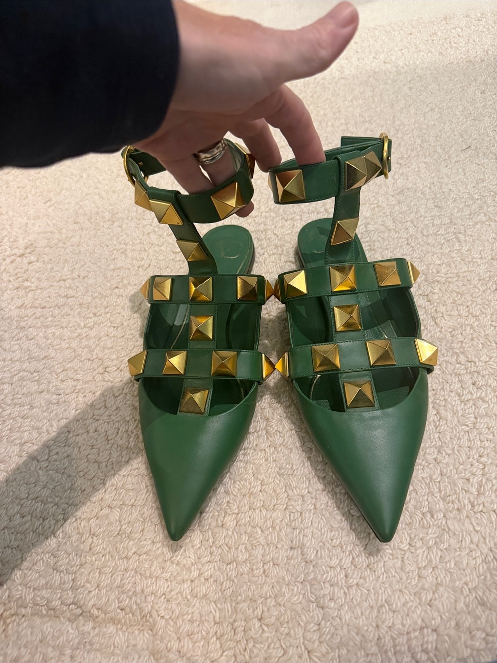 Valentino Garavani Green Pointed-Toe Studded Mules
